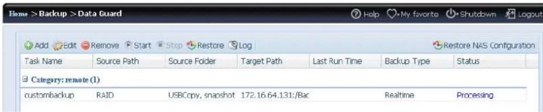 Home >Backup > Data Guard Add Edit Remove Start Stop Restore Log Task Name Source Path Source Folder Target Path Last Run Time Backup Type Status Category: remote (1) custombackup RAID USBCopy, snapshot 172.16.64.131:/Bac Realtime Processing