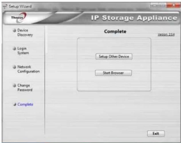 Setup Wizard Thews IP Storage Appliance Complete Version 204 Setup Other Device Start Browser Exit