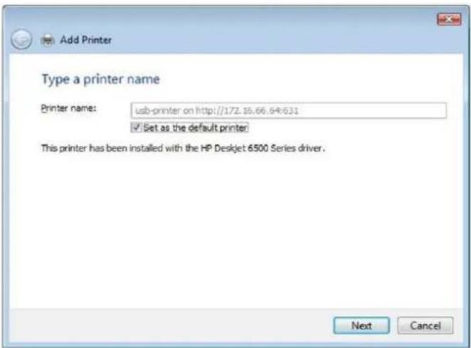 Add Printer Type a printer name Printer name: usb-printer on http://172.16.66.64:631 ✓ Set as the default printer This printer has been installed with the HP Deskjet 6500 Series driver. Next Cancel