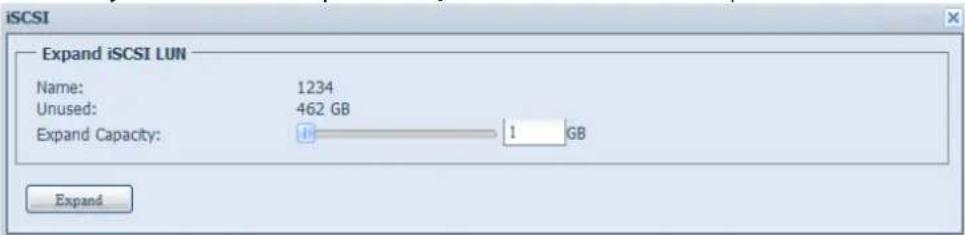 iSCSI Expand iSCSI LUN Name: 1234 Unused: 462 GB Expand Capacity: 1 GB Expand