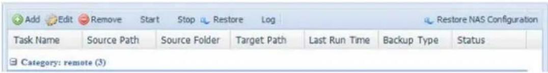 Add Edit Remove Start Stop Restore Log Restore NAS Configuration Task Name Source Path Source Folder Target Path Last Run Time Backup Type Status Category: remote (3)