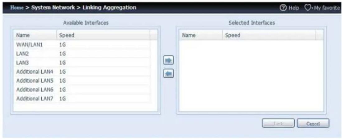 Home > System Network > Linking Aggregation Available Interfaces Name Speed WAN/LAN1 1G LAN2 1G LAN3 1G Additional LAN4 1G Additional LAN5 1G Additional LAN6 1G Additional LAN7 1G Selected Interfaces Name Speed Link Cancel