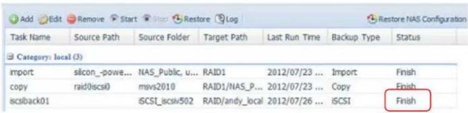 Add Edit Remove Start Stop Restore Log Restore NAS Configuration Task Name Source Path Source Folder Target Path Last Run Time Backup Type Status Category: local (3) import silicon_-powe... NAS_Public_u... RAID1 2012/07/23 ... Import Finish copy raid0iscs0 msvs2010 RAID1/NAS_P... 2012/07/23 ... Copy Finish iscsback01 iSCSI_iscsiv502 RAID/andy_local 2012/07/26 ... iSCSI Finish