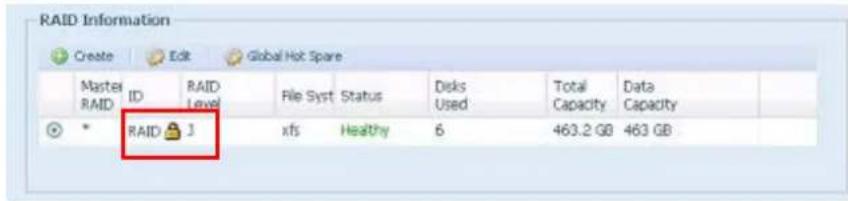 RAID Information Create Edit Global Hot Spare Master RAID ID RAID Level File Syst Status Deks Used Total Capacity Data Capacity RAID 1 xfs Healthy 6 463.2 GB 463 GB