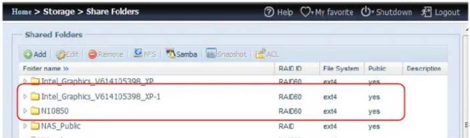 Home > Storage > Share Folders Add Edit Remove NFS Samba Snapshot ACL Shared Folders Folder name > RAID ID File System Public Description Intel_Graphics_V614105398_YP RAID60 ext4 yes Intel_Graphics_V614105398_XP-1 RAID60 ext4 yes N10850 RAID60 ext4 yes NAS_Public RAID ext4 yes