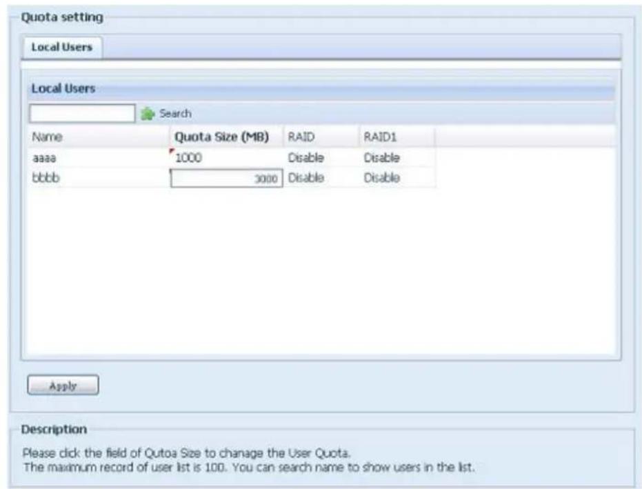 Quota setting Local Users Local Users Search Name Quota Size (MB) RAID RAID1 aaaa 1000 Disable Disable bbbb 3000 Disable Disable Apply Description Please click the field of Qutoa Size to change the User Quota. The maximum record of user list is 100. You can search name to show users in the list.