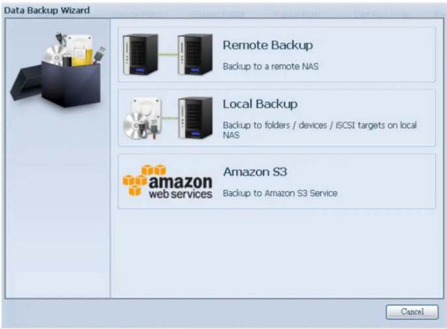 Data Backup Wizard Remote Backup Backup to a remote NAS Local Backup Backup to folders / devices / iCSI targets on local NAS amazon S3 web services Backup to Amazon S3 Service Cancel