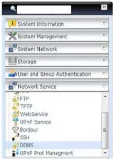 System Information System Management System Network Storage User and Group Authentication Network Service FTP TFTP WebService UPnP Service Bonjour SSH DDNS UPnP Prot Management