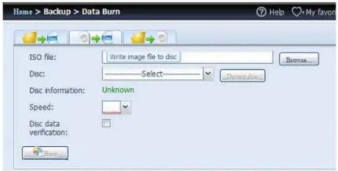Home > Backup > Data Burn ISO file: Write image file to disc Browse... Disc: Select Disc information: Unknown Speed: Disc data verification: