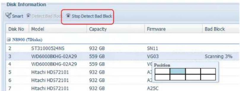 Disk Information Smart Detect Bad Block Stop Detect Bad Block Disk No Model Capacity Firmware Bad Block N8900 (7Disks) 2 ST31000524NS 932 GB SN11 3 WD6000BKHG-02A29 559 GB VG03 Scanning 3% 4 WD6000BKHG-02A29 559 GB V0 Position 5 Hitachi HDS72101 932 GB A3 6 Hitachi HDS72101 932 GB A3 7 Hitachi HDS72101 932 GB A25C