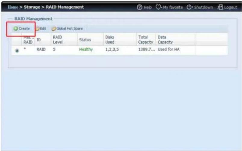 RAID Management Create Edit Global Hot Spare Plas... RAID ID RAID Level Status Disks Used Total Capacity Data Capacity * RAID 5 Healthy 1,2,3,5 1389.7... Used for HA