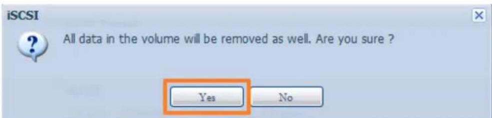 iSCSI All data in the volume will be removed as well. Are you sure ? Yes No