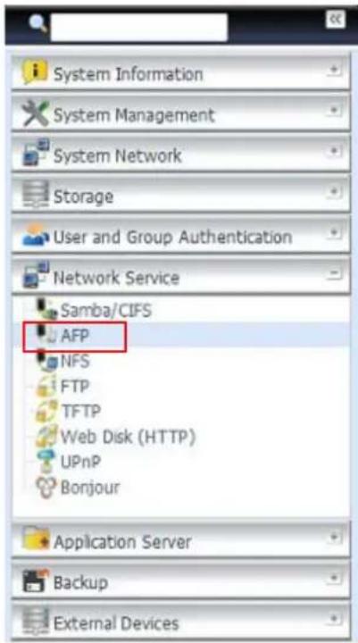 System Information System Management System Network Storage User and Group Authentication Network Service Samba/CIFS AFP NFS FTP TFTP Web Disk (HTTP) UPnP Bonjour Application Server Backup External Devices