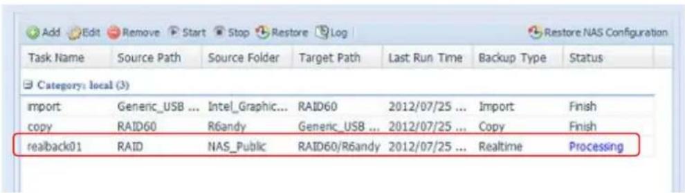 Add Edit Remove Start Stop Restore Log Restore NAS Configuration Task Name Source Path Source Folder Target Path Last Run Time Backup Type Status Category: local (3) import Generic_USB ... Intel_Graphic... RAID60 2012/07/25 ... Import Finish copy RAID60 R6andy Generic_USB ... 2012/07/25 ... Copy Finish realback01 RAID NAS_Public RAID60/R6andy 2012/07/25 ... Realtime Processing