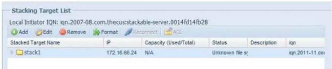 Stacking Target List Local Initiator IQN: ign.2007-08.com.thecus:stackable-server.0014fd14fb28 Add Edit Remove Format Reconnect AQL Stacked Target Name IP Capacity (Used/Total) Status Description ign stack1 172.16.66.24 N/A Unknown file s: ign.2011-11.com