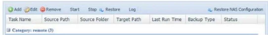 Add Edit Remove Start Stop Restore Log Restore NAS Configuration Task Name Source Path Source Folder Target Path Last Run Time Backup Type Status Category: remote (3)