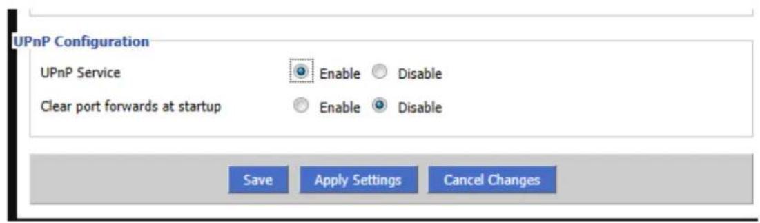 UPnP Configuration UPnP Service Clear port forwards at startup Enable Disable Enable Disable Save Apply Settings Cancel Changes