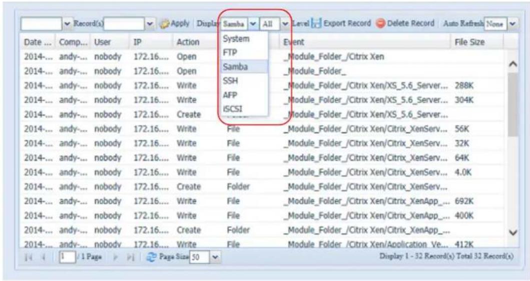 Record(s) Apply Display Samba All Level Export Record Delete Record Auto Refresh None Date ... Comp... User IP Action System Event File Size 2014-... andy-... nobody 172.16.... Open FTP _Module_Folder_/Citrix Xen 2014-... andy-... nobody 172.16.... Open Samba _Module_Folder_ 2014-... andy-... nobody 172.16.... Write SSH _Module_Folder_/Citrix Xen/XS_5.6_Server... 288K 2014-... andy-... nobody 172.16.... Write AFP _Module_Folder_/Citrix Xen/XS_5.6_Server... 304K 2014-... andy-... nobody 172.16.... Create ISCSI _Module_Folder_/Citrix Xen/XS_5.6_Server... 2014-... andy-... nobody 172.16.... Write File _Module_Folder_/Citrix Xen/Citrix_XenServ... 56K 2014-... andy-... nobody 172.16.... Write File _Module_Folder_/Citrix Xen/Citrix_XenServ... 32K 2014-... andy-... nobody 172.16.... Write File _Module_Folder_/Citrix Xen/Citrix_XenServ... 64K 2014-... andy-... nobody 172.16.... Write File _Module_Folder_/Citrix Xen/Citrix_XenServ... 4.0K 2014-... andy-... nobody 172.16.... Create Folder _Module_Folder_/Citrix Xen/Citrix_XenServ... 2014-... andy-... nobody 172.16.... Write File _Module_Folder_/Citrix Xen/Citrix_XenApp... 692K 2014-... andy-... nobody 172.16.... Write File _Module_Folder_/Citrix Xen/Citrix_XenApp... 400K 2014-... andy-... nobody 172.16.... Create Folder _Module_Folder_/Citrix Xen/Citrix_XenApp... 2014-... andy-... nobody 172.16.... Write File Module Folder /Citrix Xen/Application Ve... 412K Display 1 - 32 Record(s) Total 32 Record(s)