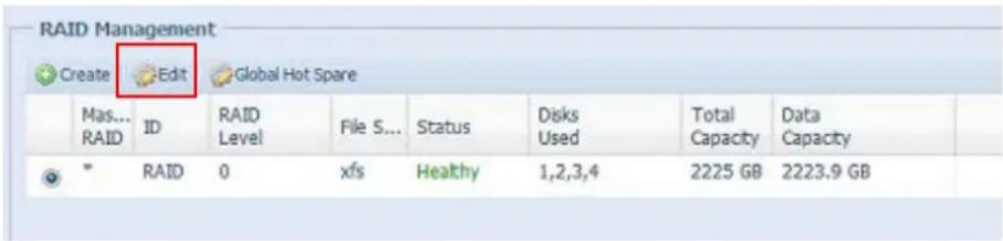 RAID Management Create Edit Global Hot Spare Mas... RAID ID RAID Level File S... Status Disks Used Total Data Capacity Capacity * RAID 0 xfs Healthy 1,2,3,4 2225 GB 2223.9 GB