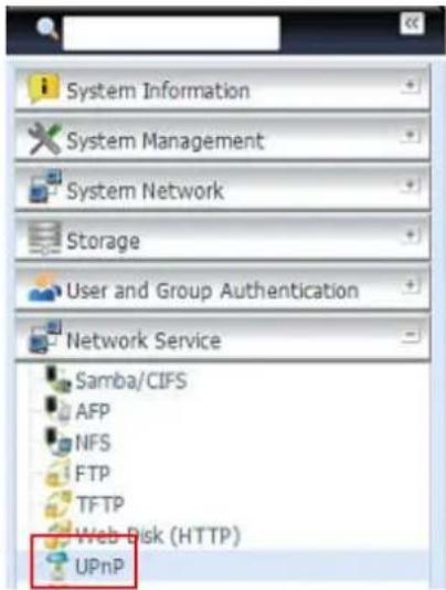 System Information System Management System Network Storage User and Group Authentication Network Service Samba/CIFS AFP NFS FTP TFTP Web Disk (HTTP) UPnP