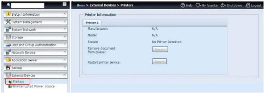 Home > External Devices > Printers System Information System Management System Network Storage User and Group Authentication Network Service Application Server Backup External Devices Printers Uninterrupted Power Source Printer Information Printer 1 Manufacturer: N/A Model: N/A Status: No Printer Detected Remove document from queue: Remoto Restart printer service: Remoto