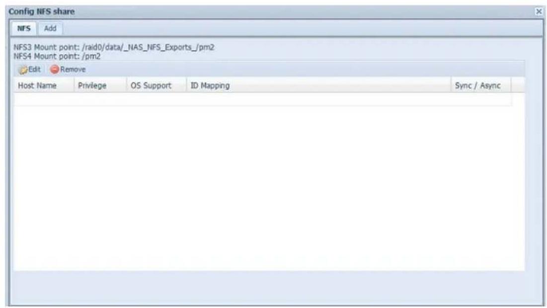 Config NFS share NFS Add NFS3 Mount point: /raid0/data/_NAS_NFS_Exports_/pm2 NFS4 Mount point: /pm2 Edit Remove Host Name Privilege OS Support ID Mapping Sync / Async