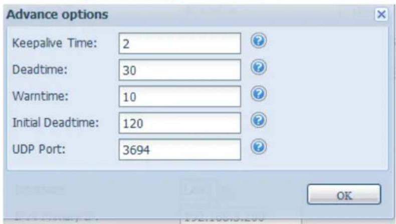 Advance options Keepalive Time: 2 Deadtime: 30 Warntime: 10 Initial Deadtime: 120 UDP Port: 3694 OK