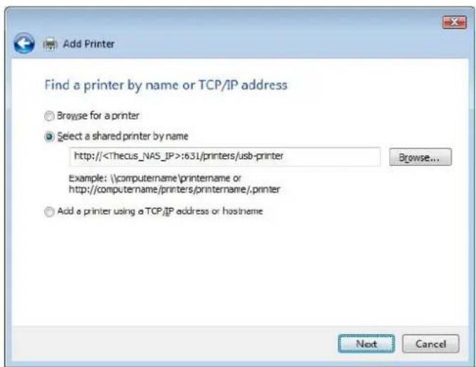Add Printer Find a printer by name or TCP/IP address Browse for a printer Select a shared printer by name http://:631/printers/usb-printer Example: \computername\printename or http://computername/printers/printename/,printer Add a printer using a TCP/IP address or hostname Next Cancel