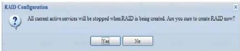RAID Configuration All current active services will be stopped when RAID is being created. Are you sure to create RAID now? Yes No