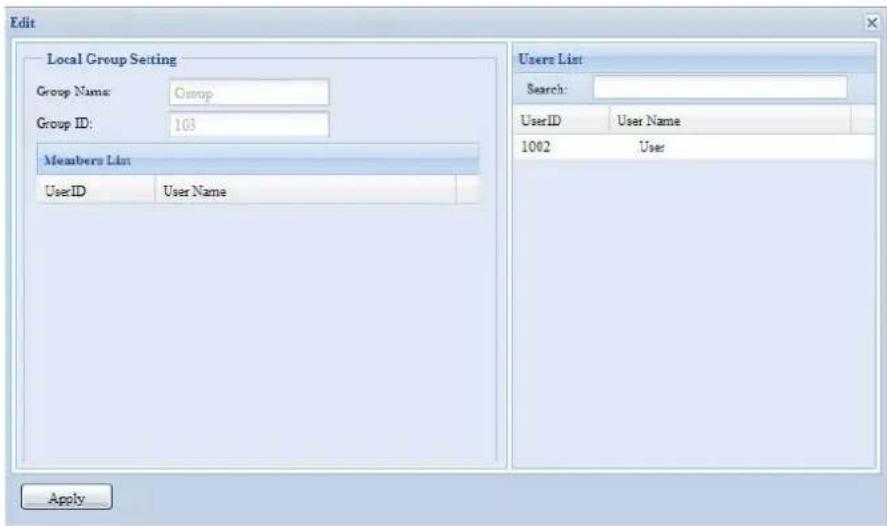 Edit Local Group Setting Group Name: Group Group ID: 103 Members List UserID User Name Users List Search: UserID User Name 1002 User Apply