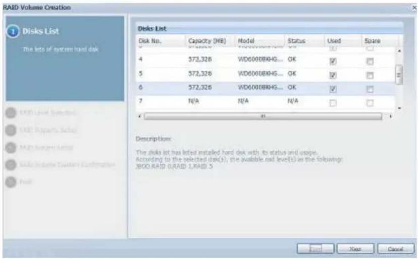 RAID Volume Creation 1 Disks List The lots of system hard disk Disk List Disk No. Capacity (NB) Model Status Used Spare 4 572,326 WD6000BKHG... OK ✓ ✓ 5 572,326 WD6000BKHG... OK ✓ ✓ ✓ 6 572,326 WD6000BKHG... OK ✓ ✓ ✓ 7 N/A N/A N/A ✓ ✓ ✓ Description: The disk list has latest installed hard disk with its status and usage. According to the selected disk(s), the available soil level(s) as the following: JBOO RAID 0,RAID 1,RAID 5 Next Cancel