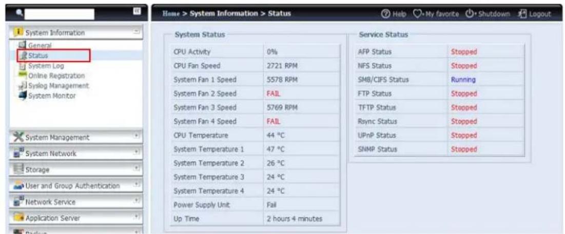 Home > System Information > Status Help My favorite Shutdown Logout System Information General Status System Log Online Registration Syslog Management System Monitor System Management System Network Storage User and Group Authentication Network Service Application Server System Status CPU Activity 0% CPU Fan Speed 2721 RPM System Fan 1 Speed 5578 RPM System Fan 2 Speed FAIL System Fan 3 Speed 5769 RPM System Fan 4 Speed FAIL CPU Temperature 44 °C System Temperature 1 47 °C System Temperature 2 26 °C System Temperature 3 24 °C System Temperature 4 24 °C Power Supply Unit Fail Up Time 2 hours 4 minutes Service Status AFP Status Stopped NFS Status Stopped SMB/CIFS Status Running FTP Status Stopped TFTP Status Stopped Rsync Status Stopped UPnP Status Stopped SNMP Status Stopped