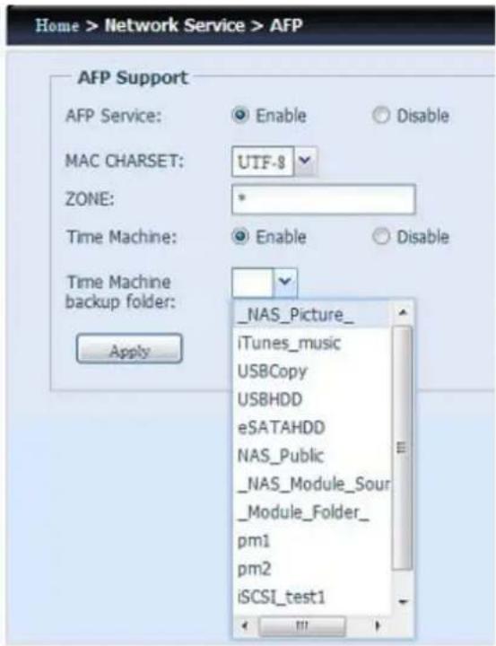 Home > Network Service > AFP AFP Support AFP Service: Enable Disable MAC CHARSET: UTF-8 ZONE: * Time Machine: Enable Disable Time Machine backup folder: Apply _NAS_Picture_ iTunes_music USBCopy USBHDD eSATAHDD NAS_Public _NAS_Module_Sour _Module_Folder_ pm1 pm2 iSCSI_test1