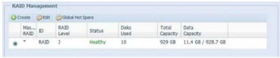 RAID Management Create Edit Global Hot Spare Mas... RAID ID RAID Level Status Disks Used Total Data Capacity Capacity RAID J Healthy 10 929 GB 11.4 GB / 928.7 GB