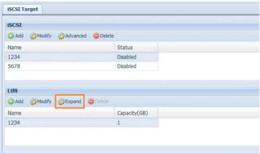 iSCSI Target iSCSI Add Modify Advanced Delete Name Status 1234 Disabled 5678 Disabled LUN Add Modify Expand Delete Name Capacity(GB) 1234 1