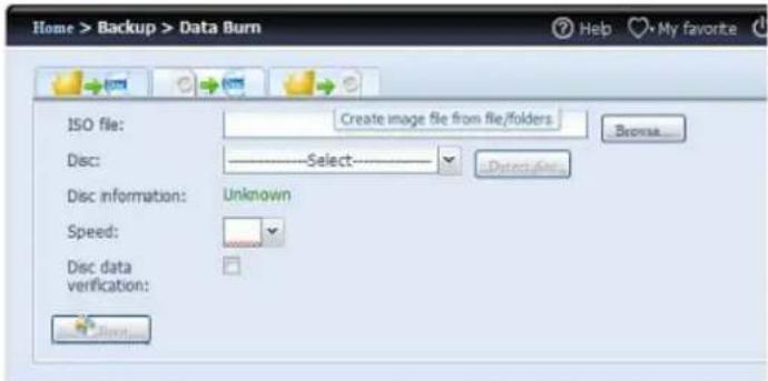 Home > Backup > Data Burn ISO file: Create image file from file/folders Disc: Select... Disc information: Unknown Speed: Disc data verification: