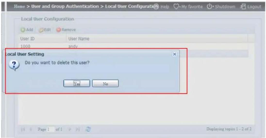 Home > User and Group Authentication > Local User Configuration Help My favorite Shutdown Logout Local User Configuration Add Edit Remove User ID User Name 1000 andy Local User Setting Do you want to delete this user? Use No Page 1 of 1 Displaying topics 1 - 2 of 2