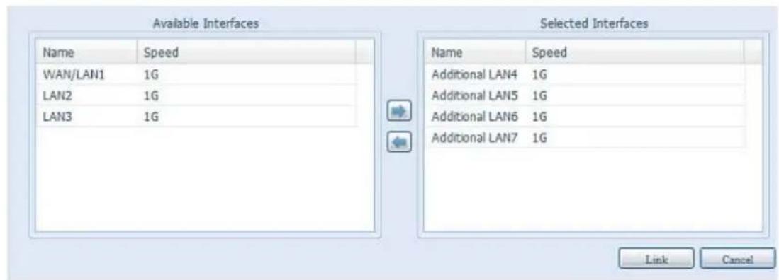 Available Interfaces Name Speed WAN/LAN1 1G LAN2 1G LAN3 1G Selected Interfaces Name Speed Additional LAN4 1G Additional LAN5 1G Additional LAN6 1G Additional LAN7 1G Link Cancel