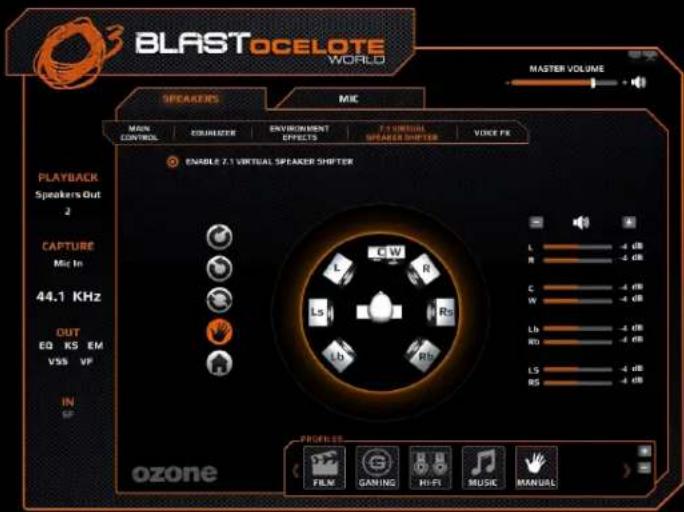 BLASTOCELOTE WORLD MASTER VOLUME SPEAKERS MIC MAIN CONTROL ZIMEMBER ENVIRONMENT EFFECTS 2.1 VIRTUAL SPREADER SHIFTER VOICE FX ENABLE 2.1 VIRTUAL SPEAKER SHIFTER PLAYBACK Speakers Out 2 CAPTURE Mic In 44.1 KHz OUT EQ KS EM VSS VP IN SP L C W R Ls Rs Lb RS L -4 dB R -4 dB C -4 dB W -4 dB Lb -4 dB RD -4 dB LS -4 dB RS -4 dB PROFESSIONS FILM GAINING HI-FI MUSIC MANUAL ozone