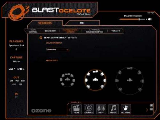 BLASTOCELOTE WORLD MASTER VOLUME SPEAKERS MIC MAIN CONTROL EQUALIZER ENVIRONMENT EQUITY C.I. VIRTUAL SPEAKER SHIFTER VOICE FX ENABLE ENVIRONMENT EFFECTS ENVIRONMENT Kanake ROOM SIZE 44.1 KHz OUT EQ KS EM VSS VF In SP ozone PROFILES FILM CAMBRG MI-FI MUSIC MANUAL