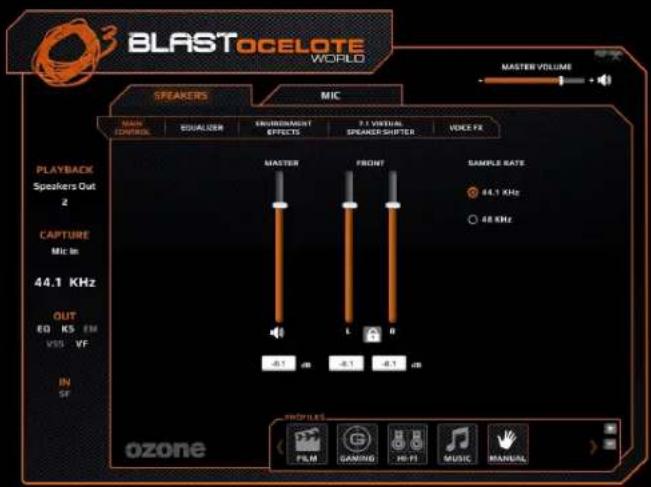 BLASTOCELOTE WORLD MASTER VOLUME SPEAKERS MIC MAIN CONTROL EQUALizer ENVIRONMENTAL EFFECTS F1 VIRTUAL SPEAKER SHIFTER VOICE FX PLAYBACK Speakers Out 2 CAPTURE Mic In 44.1 KHz OUT 60 KS EM VSS VF IN SF OZONE MATERIALS - 4.5 dB - 8.1 dB - 8.1 dB - 8.1 dB FILM GAMING 30-FI MUSIC MANUAL