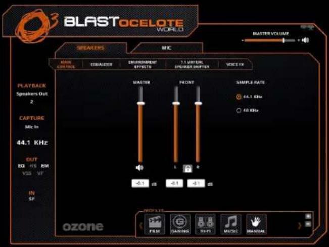BLASTOCELOTE VOPELO MASTER VOLUME SPEAKERS MIC MAIN CONTROL CIRUMSTER ENVIRONMENT EFFECTS 7.1 VIRTUAL SPEAKER SHIFTER VOICE EX PLAYBACK Speakers Out 2 CAPTURE Mic In 44.1 KHz OUT EQ RS EM VSS VF IN SP ozone MASTER FRONT SAMPLE RATE 44.1 KHz 48 KHz -5.1 ms -0.1 -0.1 ms FEM SANOS HI-FT MUSIC MANUAL