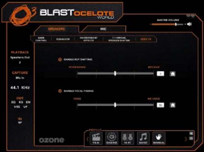 BLASTOCELOTE WORLD MASTEN VOLUME SPEAKERS MIC MAIN CONTROL EQUALIZER ENVIRONMENT EFFECTS 7.1 VIRTUAL SPEAKER SHIFTER VOICE FIN PLAYBACK Speakers Out 2 CAPTURE Mic In 44.1 KHz OUT EQ KG EM VSS VF IN SP ozone ENABLE KEY SHIFTING ITEM DOWN PITCH UP ENABLE VOCAL FADING VOICE NO VOICE 50 PROFILES FILM SAIRING HO FI MUSIC MANUAL