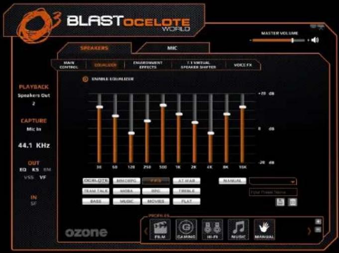 BLASTOCELOTE WORLD MASTER VOLUME SPEAKERS MIC MAIN CONTROL OSUALDER ENVIRONMENT EFFECTS T.1 VIRTUAL SPEAKER SHIFTER VOICE FX ENABLE EQUALIZE PLAYBACK Speakers Out 2 CAPTURE Mic In 44.1 KHz OUT EQ KS EM VSS VF IN SF Ozone +20 dB -28 dB DCBLOTS MINDROP FIS AT WAB MANUAL TEAM TALK MORA IPC TWOLK BAS MUSIC MOVIES FLAT FILM GAMING HI-FI MUSIC MANUAL