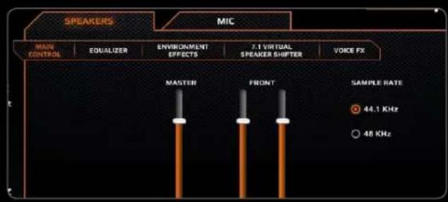 SPEAKERS MIC MAIN CONTROL EQUALIZER ENVIRONMENT EFFECTS 7.1 VIRTUAL SPEAKER SHIFTER VOICE FX MASTER FRONT SAMPLE RATE 44.1 KHz 46 KHz