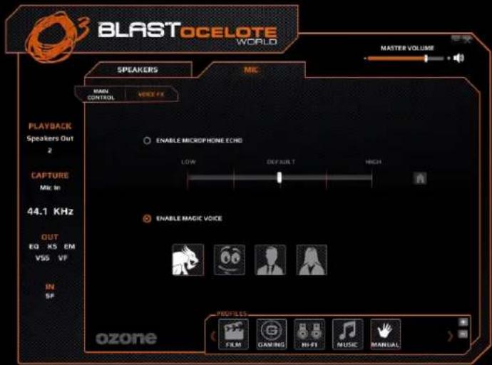 BLASTOCELOTE WORLD MASTERS MAIN CONTROL VOICE FX ENABLE MICROPHONE ECHO LOW DEFAULT HIGH ENABLE MAGIC VOICE PROFILES FILM GAMING Hi-Fi MUSIC MANUAL ozone