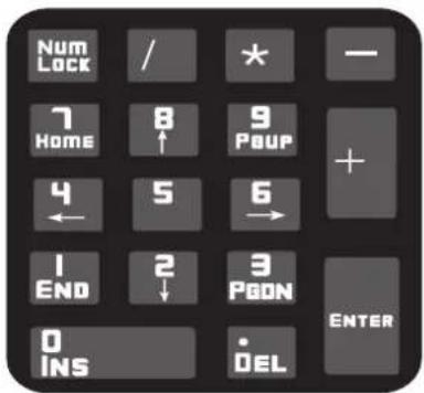 Num Lock / * — 7 Home 8 ↑ 9 PBPUP + 4 ← 5 6 → 1 END 2 ↓ 3 PGON ENTER 0 INS • DEL