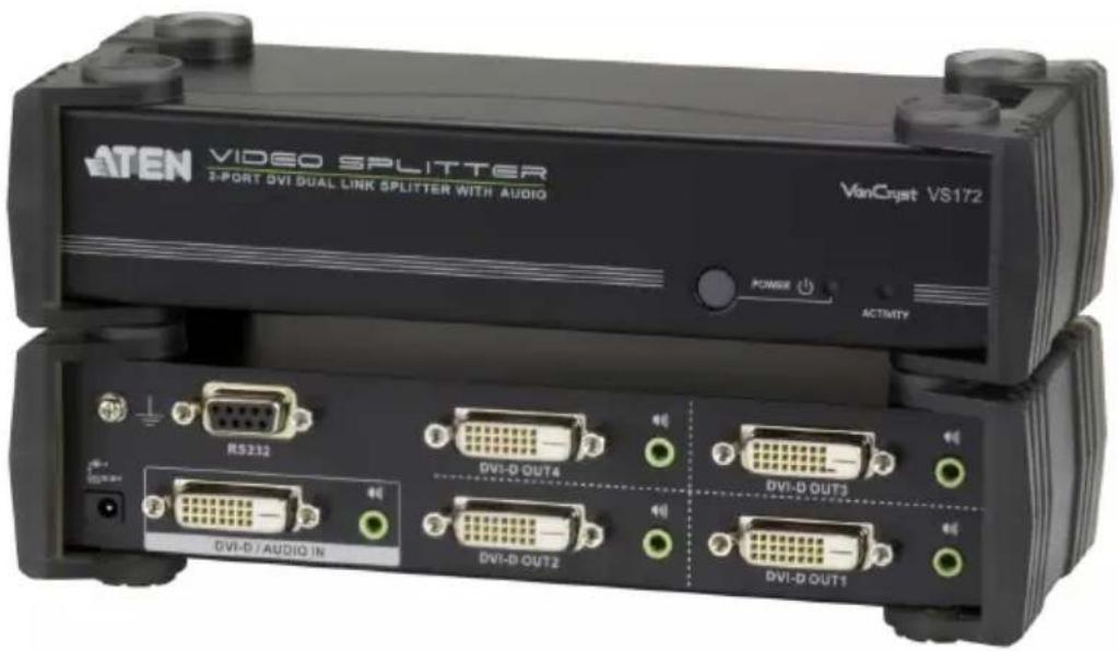 ATEN VIDEO SPLITTER 2-PORT DVI DUAL LINK SPLITTER WITH AUDIO VanCryst VS172 POWER ACTIVITY RS232 DVI-D OUT4 DVI-D OUT3 DVI-D OUT2 DVI-D OUT1 DVI-D / AUDIO IN