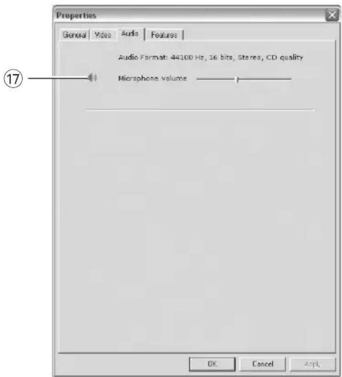 Properties General | Video | Audio | Features | Audio Format: 44100 Hz, 16 bits, Stereo, CD quality Microphone volume ———— OK Cancel Appl.