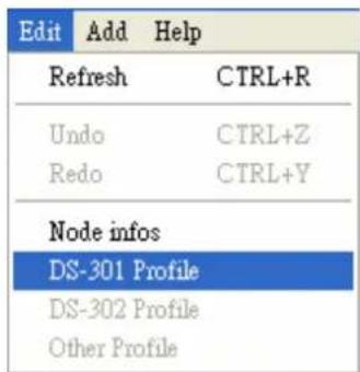 Edit Add Help Refresh CTRL+R Undo CTRL+Z Redo CTRL+Y Node infos DS-301 Profile DS-302 Profile Other Profile